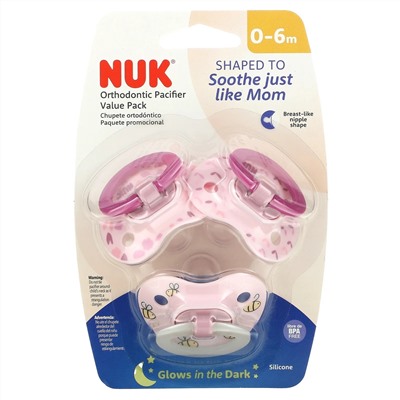 NUK, Orthodontic Pacifier Value Pack, 0-6 Months, Pink, 3 Pack