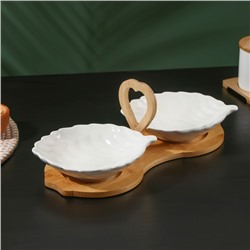 Набор салатников керамических на деревянной подставке BellaTenero, 3 предмета: 2 салатника 300 мл, подставка-держатель, цвет белый