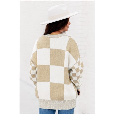 Light French Beige Checkered Print Drop Shoulder Sweater
