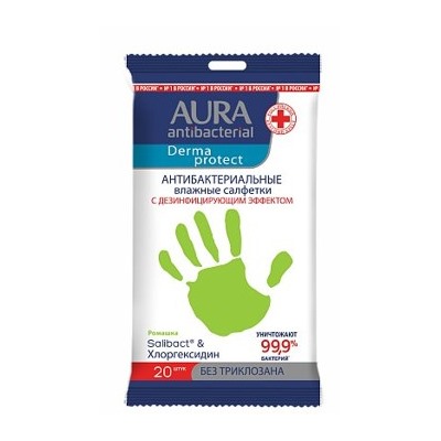 AURA Влажные салфетки антибактериальные Derma Protect ромашка 20 шт