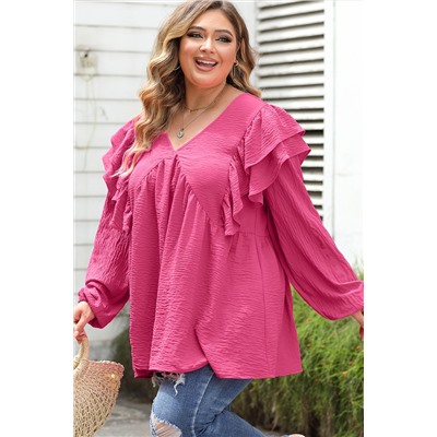 Pink Crinkle Ruffled V Neck Plus Size Blouse