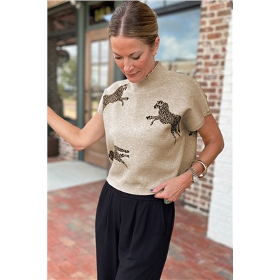 Apricot Lively Cheetah Pattern High Neck Short Sleeve Sweater