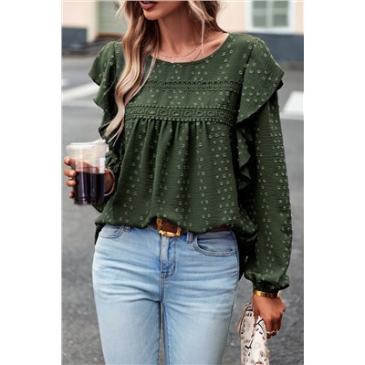 Blackish Green Lace Eyelet Ruffle Shoulder Long Sleeve Blouse