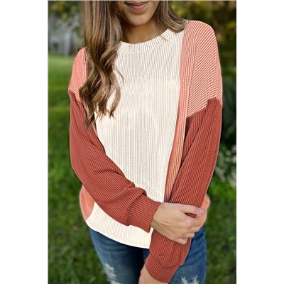 Pale Chestnut Color Block Corded Long Sleeve Top