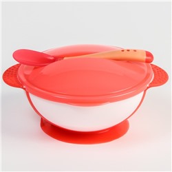 Набор детской посуды: миска на присоске 340мл., с крышкой, термоложка, цвет розовый