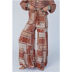 Brown Boho Aztec Print Tiered Palazzo Pants