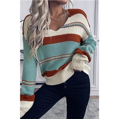 Sky Blue Striped Pattern Knit V Neck Sweater