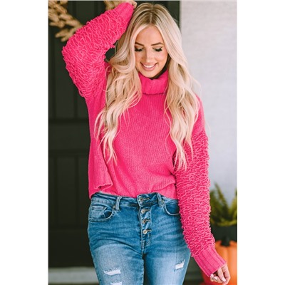 Pink Ribbed Turtleneck Fuzzy Sleeve Knit Sweater