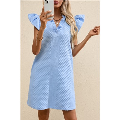 Light Blue Textured Puff Sleeve Ruffled V Neck Shift Mini Dress