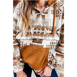 Beige Aztec Print Kangaroo Pocket Half-Zip Hoodie