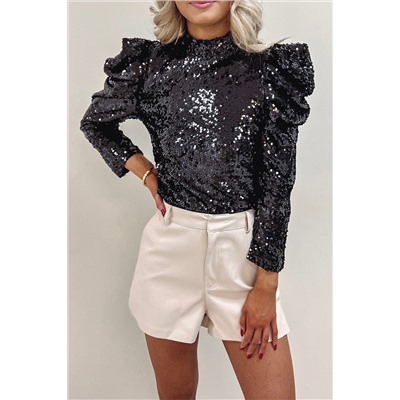 Black Sequin Mock Neck Bubble Sleeve Top