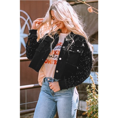 Black Sequin Sleeve Pocketed Raw Hem Denim Jacket