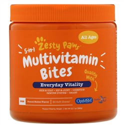 Zesty Paws, Multivitamin Bites, 5 в 1, добавка для собак любого возраста, с ароматизатором «Арахисовая паста», 90 мягких жевательных таблеток
