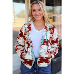 Red Western Aztec Buttoned Zipper Pockets Fleece Jacket