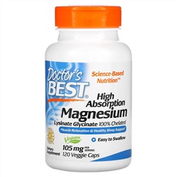 Doctor's Best, легкоусвояемый магний, на 100% в хелатной форме, лизинат и глицинат, 105 мг, 120 вегетарианских капсул