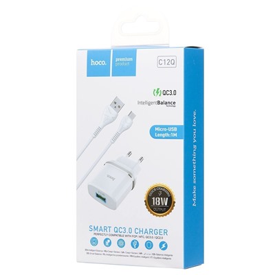 Адаптер Сетевой с кабелем Hoco C12Q QC3.0 (повр. уп.) USB 3A/18W (USB/Micro USB) (white)