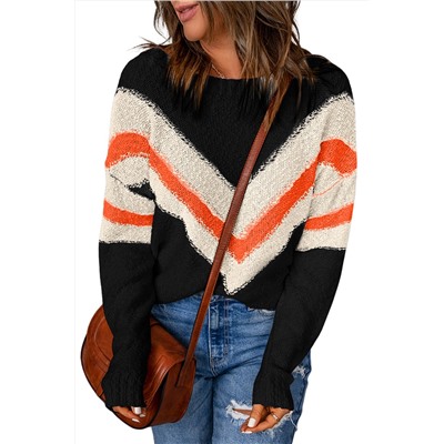 Black Chevron Striped Drop Shoulder Sweater