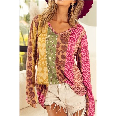 Multicolor Floral Leopard Mixed Print V Neck Long Sleeve Tee