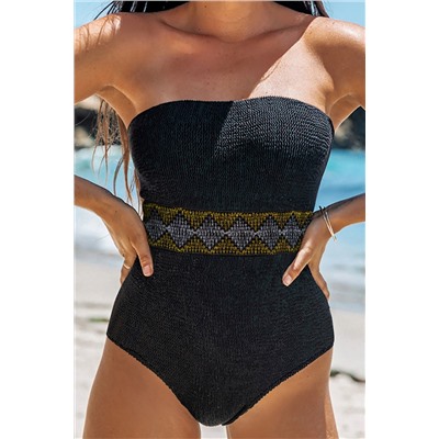 Black Geometric Trim High Waist Strapless One Piece Swimsuit