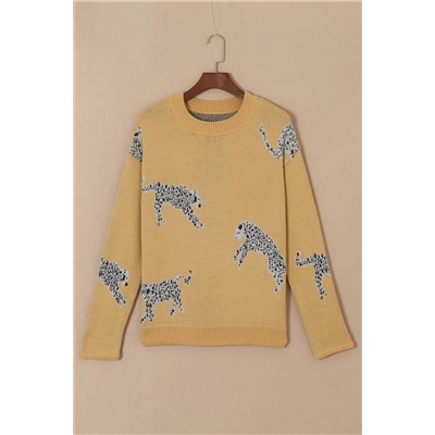 Camel Fuzzy Cheetah Accent Round Neck Sweater