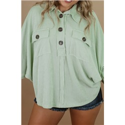 Green Plus Size Ribbed Pocketed Long Sleeve Henley Top