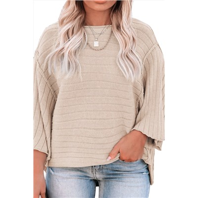 Apricot Plus Size Exposed Seam Bracelet Sleeve Ribbed Top