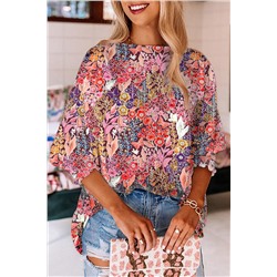 Multicolor Floral Print Shirred 3/4 Sleeve Tunic Blouse