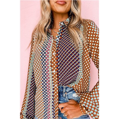 Brown Plus Size Mix Dotted Patchwork Button up Shirt