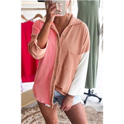 Pink Ribbed Colorblock Drop Shoulder Shirt with Pocket