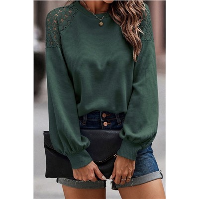 Green Lace Long Sleeve Textured Pullover