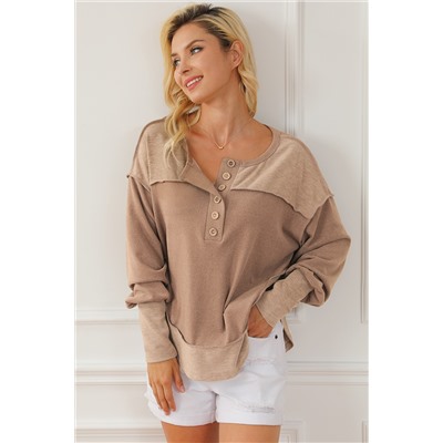 Dark Brown Exposed Seam Ribbed Thumbhole Sleeve Buttoned Sweatshirt