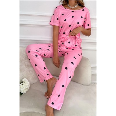 Pink Valentines Heart Print Tee and Pants Lounge Set