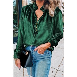 Blackish Green Frilled Neck Buttoned Front Velvet Top