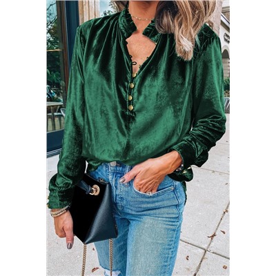 Blackish Green Frilled Neck Buttoned Front Velvet Top