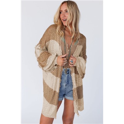 Khaki Stripe Lantern Sleeve Fringed Open Cardigan