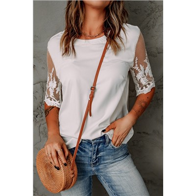 White Floral Lace Sleeve Patchwork Top