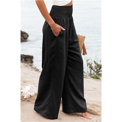 Black Shirred High Waist Plus Size Wide Leg Pants