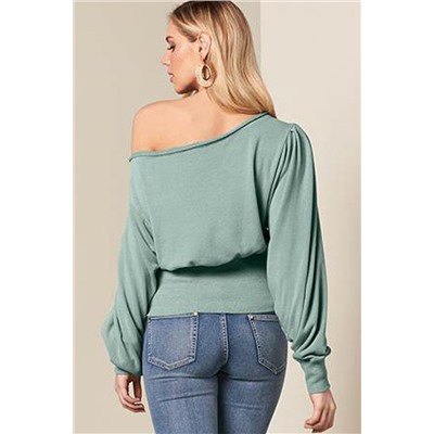 Green Off Shoulder Bishop Sleeve Cinched Waist Blouse