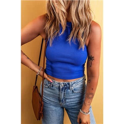 Dark Blue Ribbed Knit Racerback Crop Top