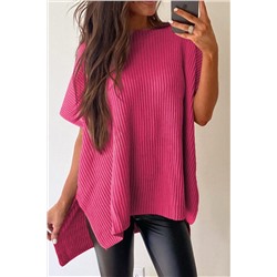 Rose Red Short Sleeve Side Slit Oversized Sweater