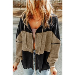 Khaki Waffle Patchwork Vintage Washed Hooded Jacket