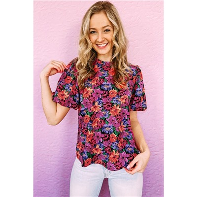 Multicolor Floral Print Round Neck Puff Sleeve Blouse