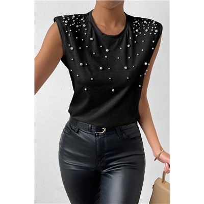 Black Pearls Beaded Shoulder Pad Crew Neck Tank Top