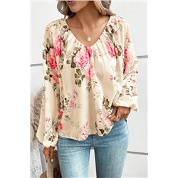 Beige Floral Print Lantern Sleeve V-Neck Blouse