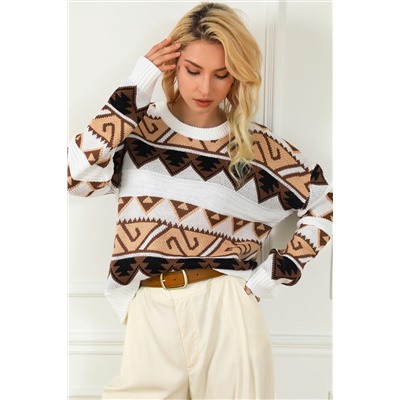 Multicolor Geometric Print Crew Neck Drop Shoulder Sweater