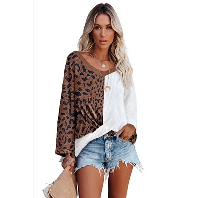 Brown Leopard Contrast Waffle Knit Twist Hem V Neck Top