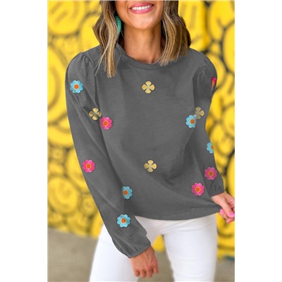 Medium Grey Floral Embroidered Puff Sleeve Blouse