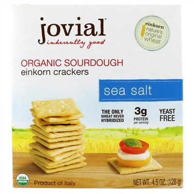 Jovial, Органические бездрожжевые крекеры с морской солью из пшеницы однозернянки, 4,5 унц. (128 г)