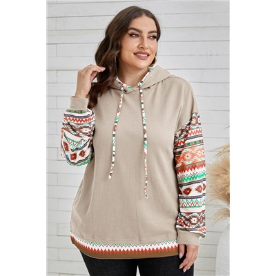 Smoke Gray Aztec Patchwork Sleeve Waffle Drawstring Plus Hoodie