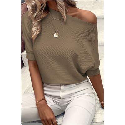 Coffee Round Neck Half Sleeve Ribbed Knit Top